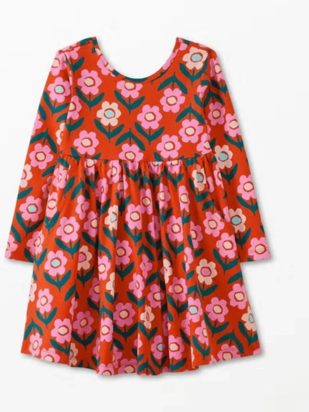Hanna Andersson Red Floral Long Sleeve Twirl Dress with Pink Flowers